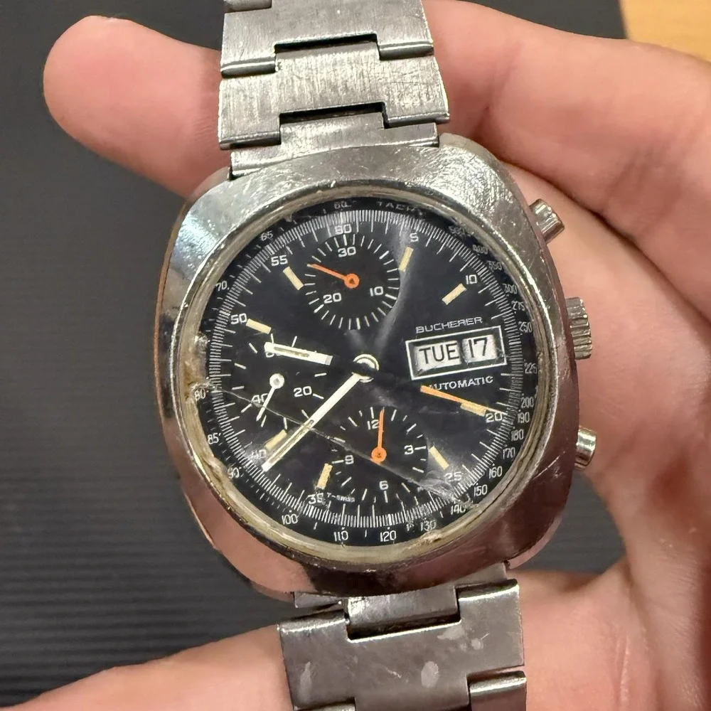 Vintage Bucherer Mens Watch Black Chronograph Day Date Automatic For Parts